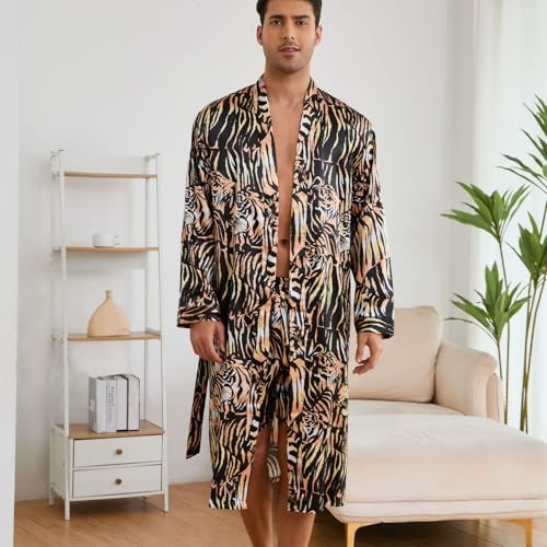 Lu's Chic Men's Long Sleeve Pajamas Soft Satin Robe Pj Shorts 2 Piece Summer Comfy Satin Fall Luxury Thin2