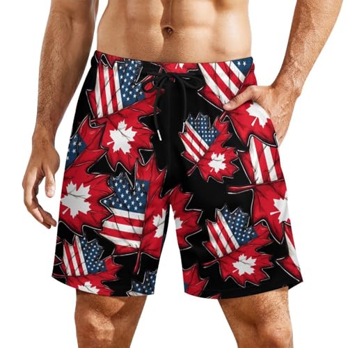 Half Canadian USA Flag Maple Leaf Mens Swim Trunks with Quick-Drying Lining Beach Shorts for Outdoor Sports