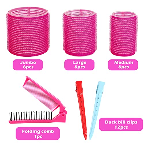 Jumbo Size Self Grip Hair Rollers Set, Salon Hair Set,with Hair Dressing Curlers (Jumbo, Large, Medium), Folding Pocket Comb, Duckbill Clips - Thumbnail 3