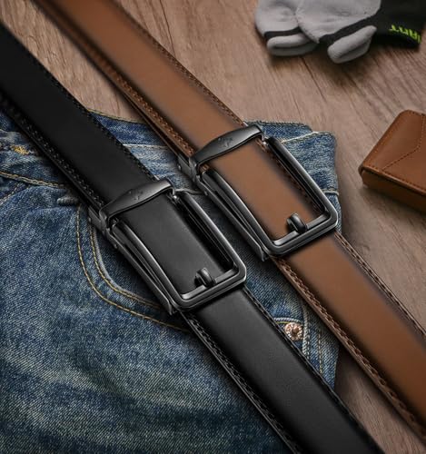 Image of BULLIANT Men Ratchet Belt 2 Pack, Click Sliding Leather Belt Adjustable for Gift Men Dress Casual Jeans 1 3 /8,Cut for Fit
