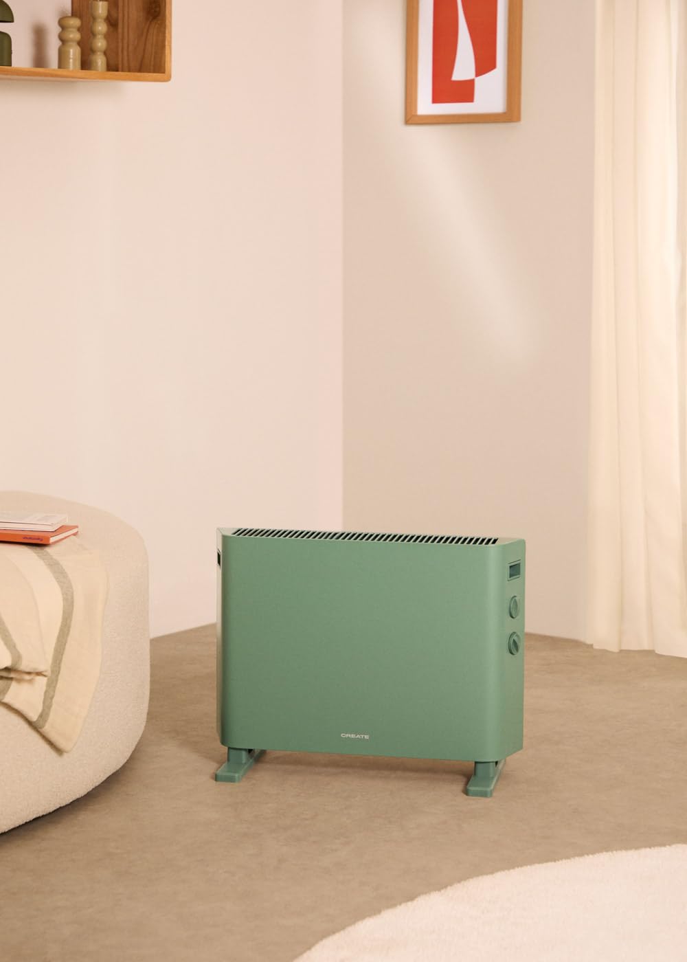 CREATE/WARM HANDY COLOURS/Convettore riscaldante ad aria Verde Sage/Funzione ventilatore e aria calda, ambienti fino a 20m², 4 modalità, leggero, basso consumo, 57x23x43 cm, 2000W