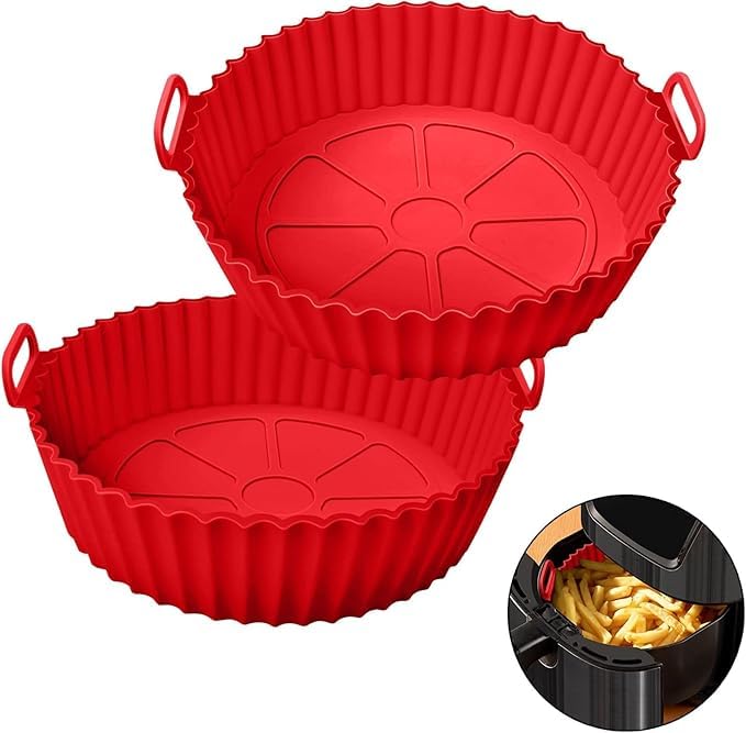 Image of Air Fryer Silicone Tray | Air Fryer Liners I Round Silicone Basket Baking Tray I Pot with Ear Handles I Nonstick Reusable Heat Resistant I Cooking Oven Insert Accessories (Red + Red)