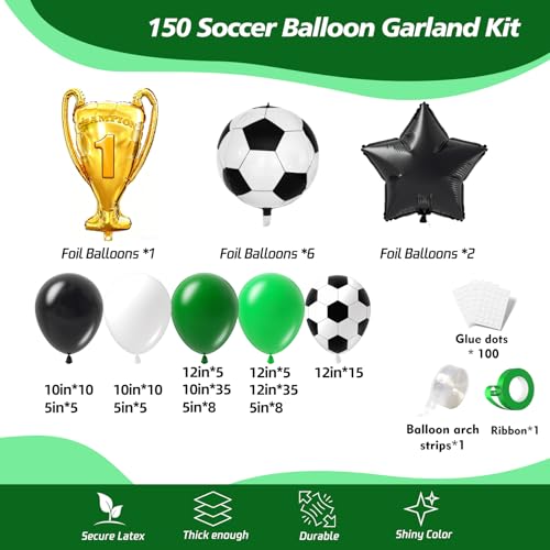 Image of 150Pcs Soccer Balloon Garland Arch Kit - Dark Green White Black Soccer Party Decorations Different Sizes Latex Party Balloons for Birthday World Football Boys Sports Theme Party Decorations