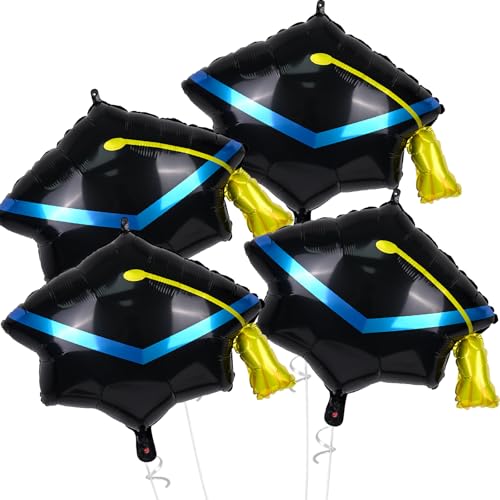 Image of Graduation Cap Balloons, Congrats Balloon for Graduation Decorations 4 Pcs Black Gold 2026 Grad Hat Foil Mylar Balloon for High School College Class of 2026 Congratulations Graduate Party Decoration