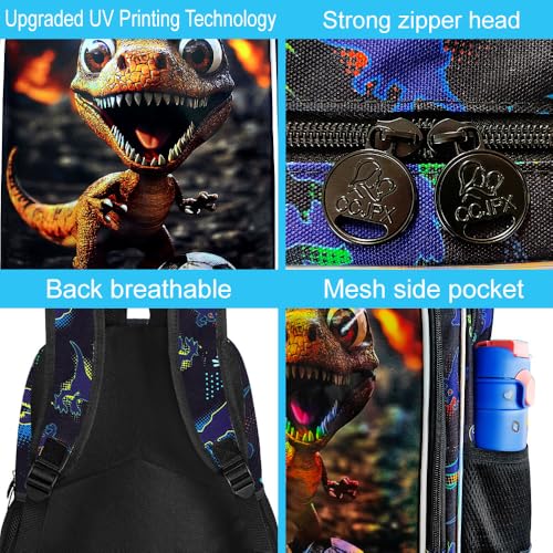 Image of 16 inch Dinosaur Backpack, Boys Kids Bookbag with Lunch Box, 3Pcs Dino Soccer School Backpacks for Elementary Preschool Kindergarten (Black)