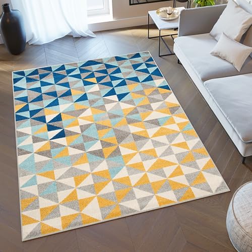 TAPISO Lazur Tapis Poil Ras Moderne Gris Bleu Crème Jaune Géométrique Motif Mosaïque Triangles Tapis Salon Chambre Adulte Salle à Manger Bureau Oeko-TEX...