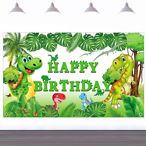 Ushinemi Dinosaur Birthday Backdrop for Kids Boys, Happy Birthday Backdrop Banner Party Decorations Supplies Sign, Green, 6 x 3.6 Feet