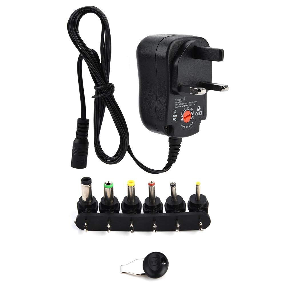 Power Adapter, 12V Universal Adapter AC to DC with 6 DC plugs Adjustable Voltage Power Supply 12W Adapter 1.2A Output 100-240V.(uk)