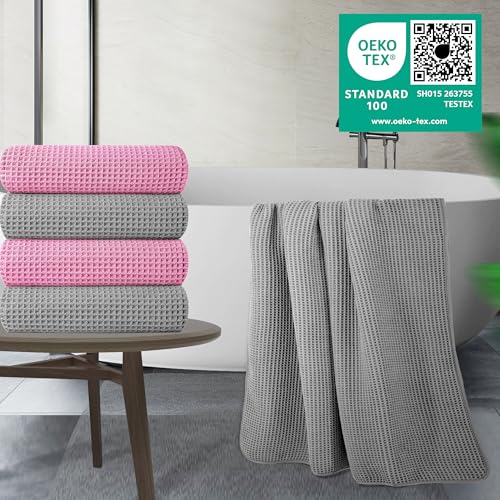 Image of POLYTE 430 GSM Microfiber Oversize Quick Dry Lint Free Bath Towel, 60 x 30 in, 4 Pack (Waffle Weave)