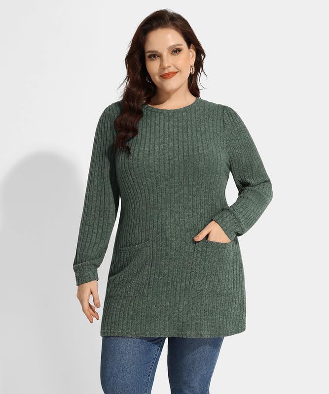 TIYOMI Womens Plus Size Long Sleeve Tops Crewneck Casual Fall Shirts Oversized Long Sweaters Loose Tunic Tops Pockets XL-5XL - Image 2