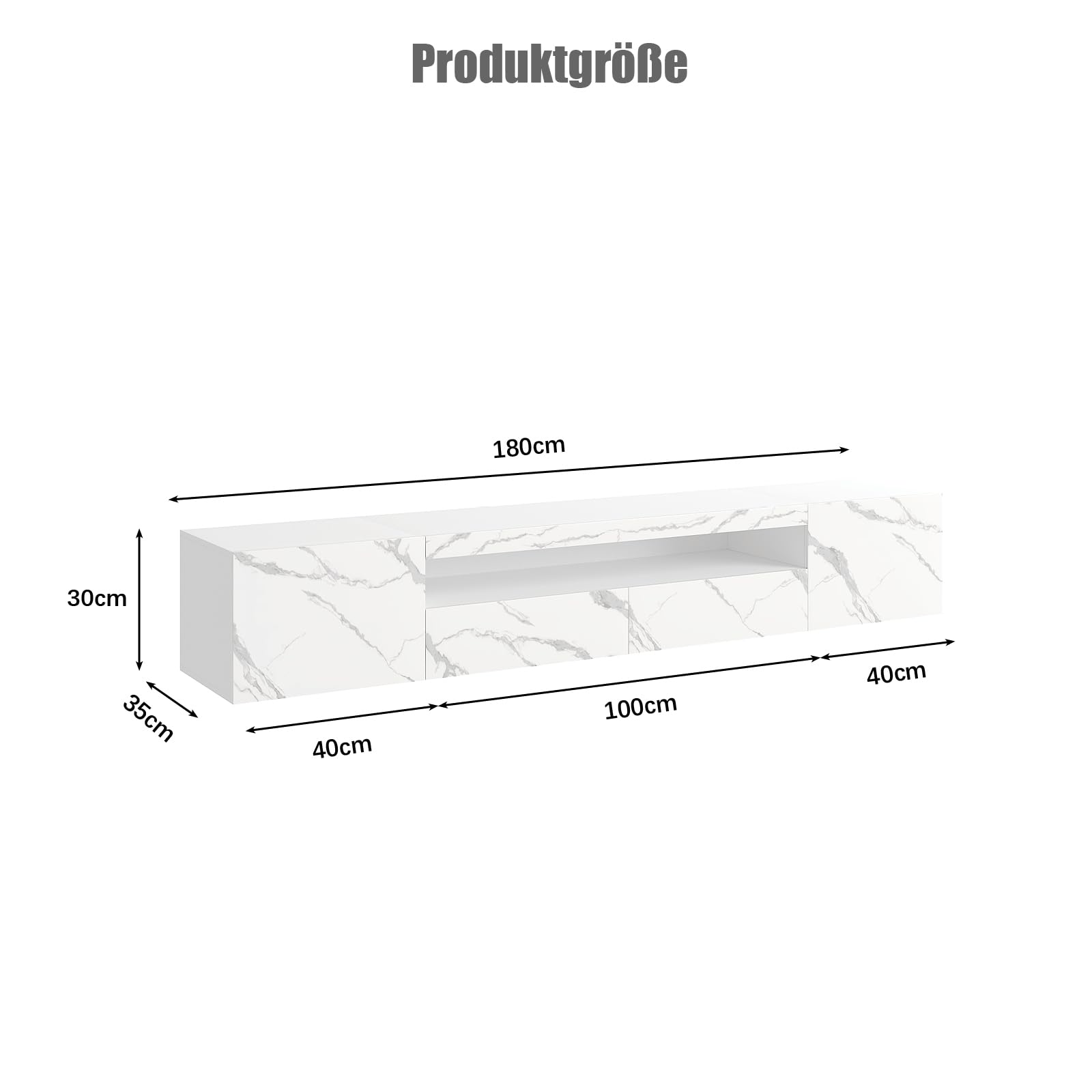 KEEPREAPER TV-Schrank, Lowboard mit LED-Beleuchtung, Fernsehtisch hängend, Fernsehschrank Hochglanz, für Fernseher bis zu 85 Zoll, für Wohnzimmer, 180 x 35 x 30cm (Weiß marmor)
