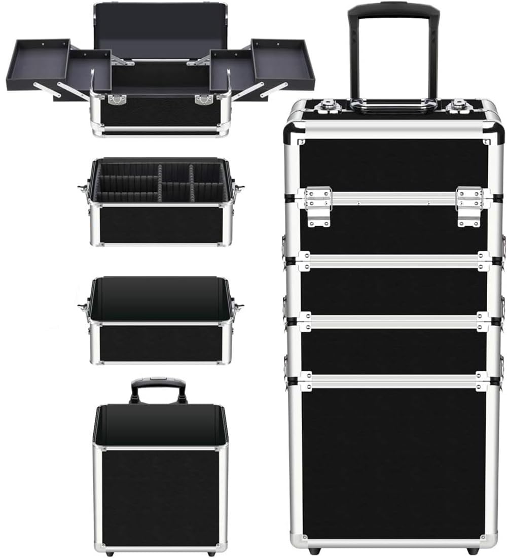 IGEturbo Professional Makeup Case, Large Makeup Train Case, Portable Rolling Makeup Trolley Case, Artists Lockable Jewelry Travel Cosmetic Train Case w/ 4 Wheels (Black-4Layer)