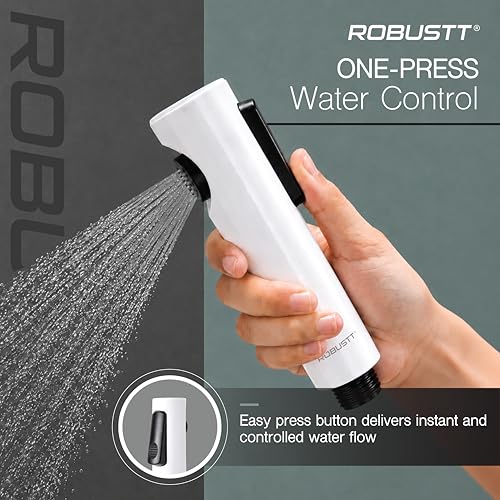 Image of Robustt Health Faucet for Toilet ABS Jet Spray Gun (White) with Wall Holder | One-Press Water Control, Anti-Rust Body, Leak-Proof | for Bathroom, Cleaning, Pet Bathing & Care
