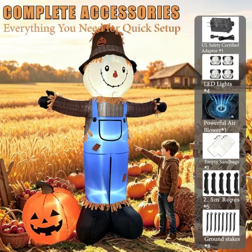 Image of 8 FT Fall Inflatables Scarecrow Decorations, Scarecrow with Pumpkin Inflatable Yard Decor Built-in LEDs,Scarecrow Blow Up Yard Decorations for Halloween Thanksgiving Fall Autumn Harvest Lawn Garden