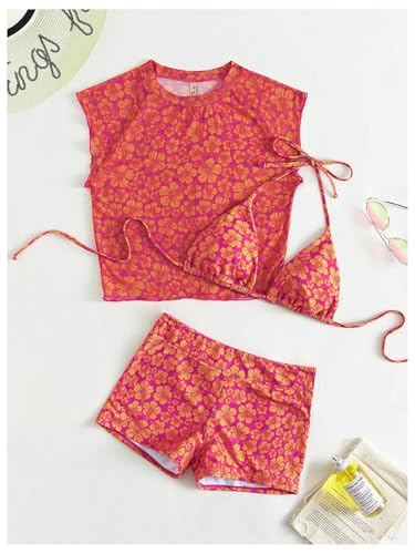 SOLY HUX Women's Floral Print Halter Top and Shorts Bikini Bathing Suits 3 Piece Swimsuit with Cover Up Top3