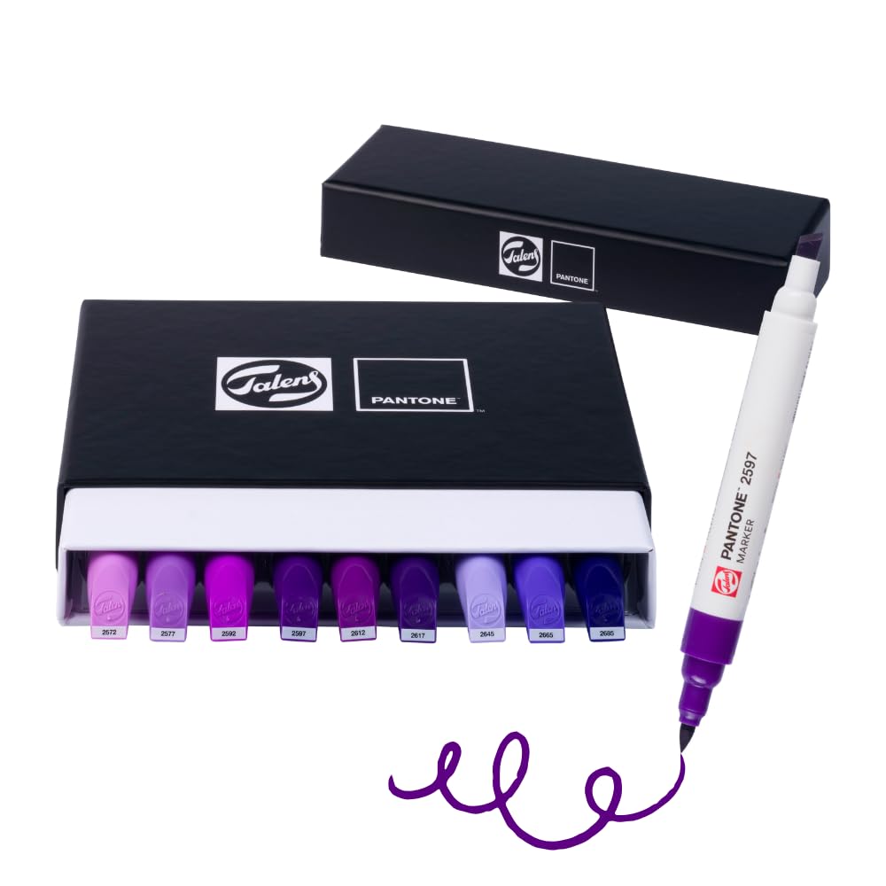 Talens | Pantone Marqueurs Set de 9 Purple | Stylo à Deux Pointes | Pointes Pinceau et Biseau | Encre Pigmentées à Base d'Eau en 108 Couleurs Pantone