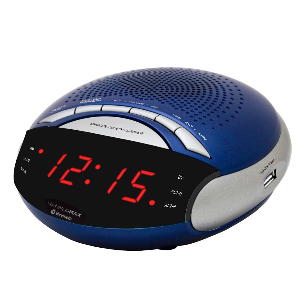 HANNLOMAX HX-139CR Alarm Clock Radio, PLL FM Radio with Preset Stations, Dual Alarm, 0.6” Red LED Display, USB Port for 1A Charging, Bluetooth, AC Power only. (Blue)-image-26