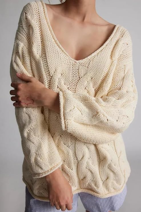 Melliflo Womens Oversized Cable Knit Sweater Fall V Neck Chunky Knit Sweater Casual Pullover Sweater Top - Image 2
