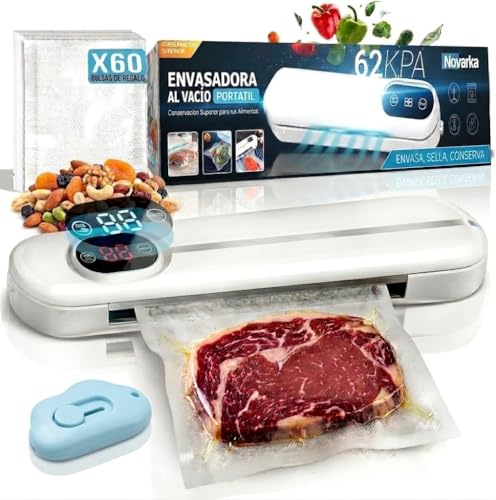 NOVARKA | Envasadora al Vacio PORTATIL con 60 Bolsas de REGALO | Selladora al Vacío para tu Cocina | Conserva tus Alimentos | Incluye Abridor de Bolsas.