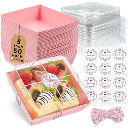 Leafiew 50 Pack Small Clear Treat Boxes - Dessert Boxes To Go - 5Inch Disposable Paper Mini Containers for Cookie Cake Slice Charcuterie Bakery Pastry Strawberry Baked Goods Packaging (Pink)