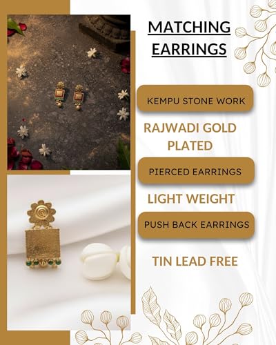 Image of Mansiyaorange South Indian Temple Style Long Pearl Rani Haar with Floral Necklace & Earrings | Traditional Gold Plated Kempu Kundan Stone Jewelry Set for Women
