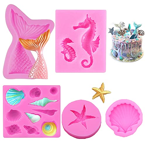 YHNMMNO 5 Pcs Marina Animales Moldes Silicona Cola De Sirena Moldes De Silicona Concha Molde Molde Silicona Caballito De Mar Molde De Silicona De Concha para Candy Cake Pastel Fondant Decoración Cover