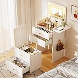 COMHOMA Makeup Vanity Desk with Mirror and Lights, Small 3 in 1 Vanity Table with Visible Glass Top, Flip Top & 3 Drawers, Compact Dresser with Storage Stool for Bedroom, Office or Nightstand
