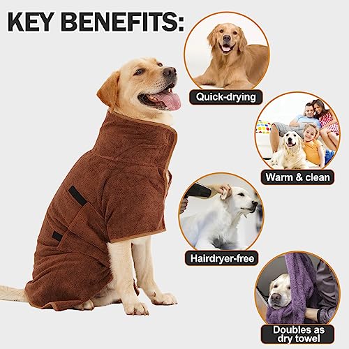 HezzLuv Bademantel für Hunde, Hundebademantel aus Mikrofaser für mittlere und große Hunde, super saugfähiger Haustier Trockenmantel, ganzjahres schnell trocknendes Hundehandtuch (Braun,L)