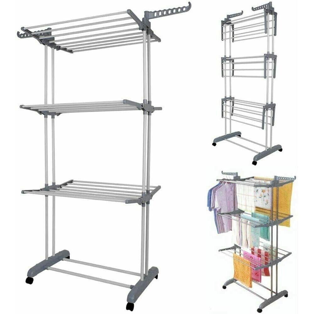 HomeVibe3-Tier Cloth Hanger Rack - Foldable Drying Rack with Adjustable Shelves, Space-Saving Design, Sturdy and Lightweight, Ideal for Clothes, Towels, and Laundry