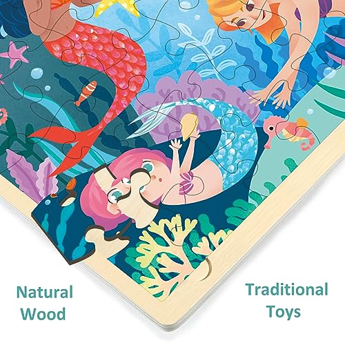 Rompecabezas de madera para niños con 48 piezas, temático de sirenas, recomendado para edades de 3 a 5 años, con bandeja miniatura 5