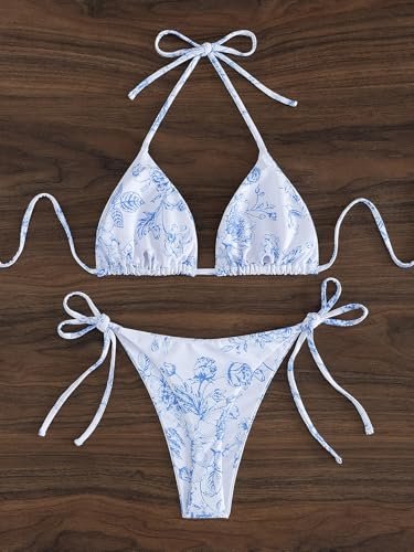 Image of Tainehs Women's Sexy Halter Thong Bikini Tie Two Sides Bottom Triangle Bikini Swimsuits