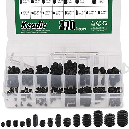 Keadic 376Pcs Internal Hex Drive Cup-Point Grub Screws Assortment Kit, 1/8 to 3/8 Inch, 15 Sizes for Door Handles Faucet