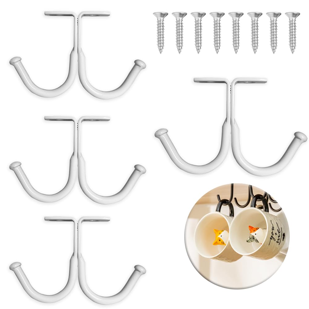 UBRAVE Tazas Soportes, 4 Piezas Soporte para Tazas Colgante con Tornillo Autoadhesivo, Soporte Para Tazas Debajo del Gabinete, Taza de café Ganchos,Cocina Almacenamiento Tazas Lazos Cinturones, Blanco