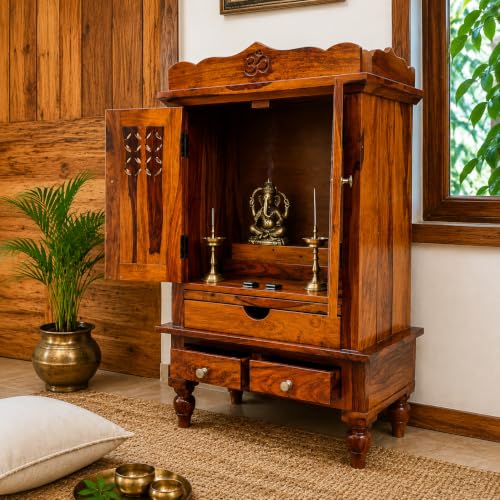 Image of Wudniture Premium Solid Sheesham Wood Pooja Mandir for Home, Office, Living Room & Prayer Room | with Doors, Drawer & Storage Shelf and Legs | Traditional Design | Honey Finish(Aaradhya Temple)