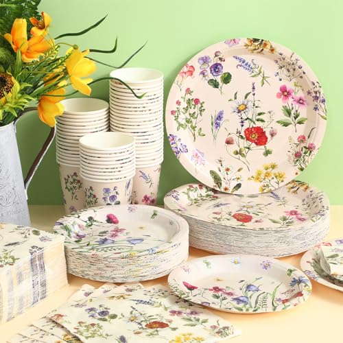 Ziliny 250 Pcs Floral Disposable Tableware Set Spring Floral Paper Cups Plates and Napkins Wildflower Baby Shower Decorations for 50 Guest(Multicolor,Rustic Style)