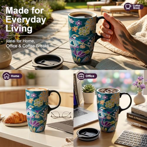 Mug de cerámica de 17oz con tapa y diseño floral boho miniatura 3