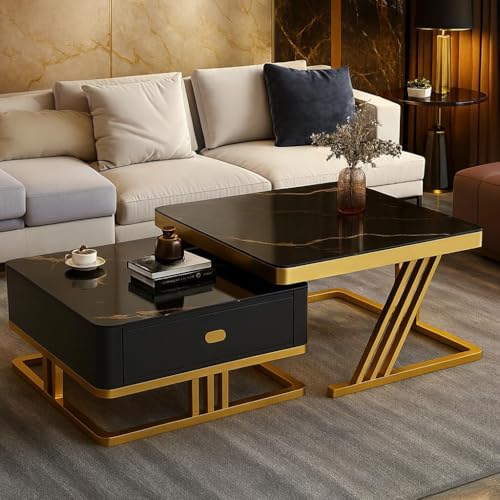 Image of Two Square Stacking Nesting Coffee Tables with Metal Frames, Wooden Tops, and Handcrafted Drawers Contemporary Centre Couch Table for Living Rooms Bedrooms, & Apartments (G Blk)