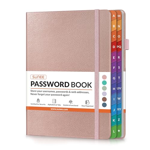 SUNEE Password Book with Colorful Alphabetical Tabs, Password Books for Seniors, Password Keeper Book for Computer and Internet Address Website Login, 5.3''x 7.7''- Rose Gold