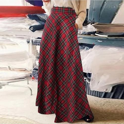 Womens Plaid Wool Skirts Elastic Waist A-Line Pleated Tartan Long Skirts Retro Swing Skirt Woolen Skirt Clothes3