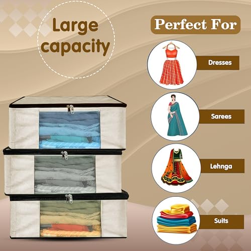 Image of Storite 3 Pack Cotton Canvas Clothes Storage Bags /Saree Bags Covers with Zip for Storage Specially Design for Woman Dresses, Sarees, Lehengas for Wardrobe Organizer (42.2cm x 36cm x 20cm) Beige