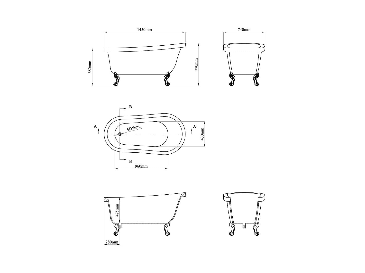 Shower & Design - BaÒera exenta retro con patas de leÛn plateadas - 171 L - 145 x 74 x 77 cm - Negro mate - NISOS
