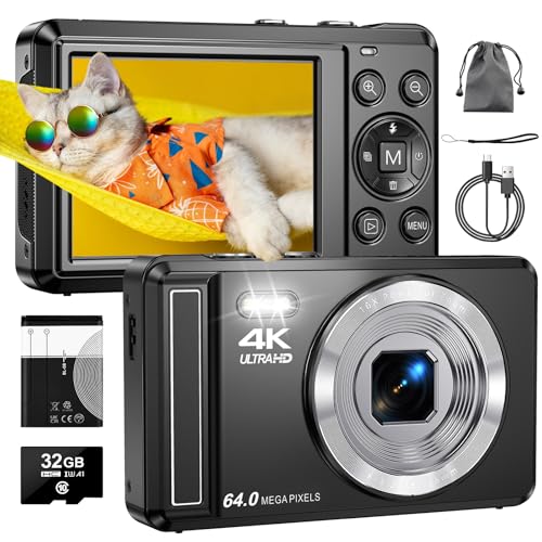 4K 64MP Digitalkamera mit 32 GB TF-Karte, Autofokus Fotoapparat mit 16X Digitalzoom Tragbar Kompaktkamera mit 1200mAh Batterie, USB-Kabel, für Teenager Erwachsene Anfänger