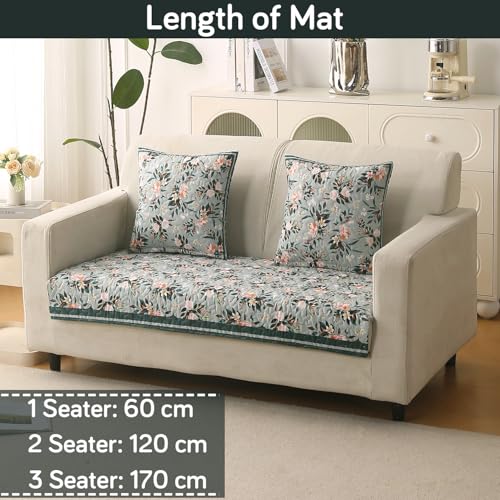 Image of HOKIPO 'Florentina Series' Premium Holland Velvet Sofa Cover Mat for 2 Seater Sofa with Foam Filling for Extra Softness, Anti-Slip Backing, Magnolia Green (IN-879-V1)