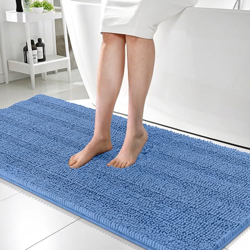 Image of OLANLY Thick Bathroom Runner Rugs 59x24, Absorbent Chenille Striped Bath Rugs, Rubber Backing, Machine Wash, Extra Long Bath Mats for Bathroom, Tub and Shower, Home Decor Accessories, Cornflower Blue