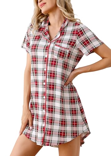 Image of Samring Pajama Nightgown for Women Short Sleeve Button Down Boyfriend Night Gown Nightdress Sleep Shirts
