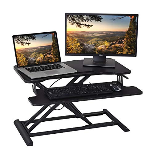 HUVIBE Height Adjustable 32 inch Standing Desk Converter,Black Sit to Stand Desktop Workstation Riser for Dual Monitors and Laptops,with Keyboard+Mouse Tray