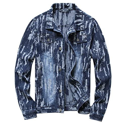 Image of RANMCC Men's Elastic Ripped Denim Jacket, Vintage Washed Frayed Trucker Coat, Lightweight Casual All Season Street Outerwear