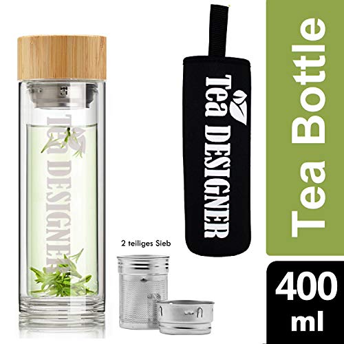 TEA TO GO,Deluxe Teekanne BPA frei,Tee-Flasche Trinkflasche aus Glas to go + Edelstahl-Sieb +Bambus Deckel+Schutzhülle,Thermobecher, Thermosflasche,Glasflasche,Teebereiter,doppelwandig,Tee Maker