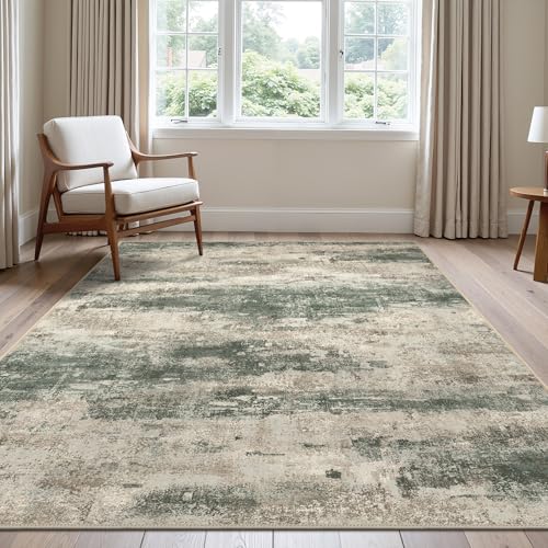 Area Rugs 10x14 for Living Room Bedroom, Modern Abstract Machine Washable Rug, Large Soft Low Pile Floor Cover with Non Slip Backing for Dining Room, Muted Green/Beige