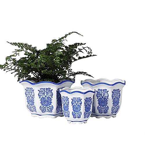 POTEY 057801 Keramik-Pflanztöpfe - blaues und weißes Porzellan, dekorative Blumentöpfe für den Innenbereich, Pflanzbehälter mit Drainageloch für Bonsai-Pflanzen, Blume, Aloe, 3 Stück, 19 + 15 + 11 cm Cover